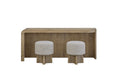 English knotty oak media console with curved edges and two matching upholstered stools in light beige fabric.
