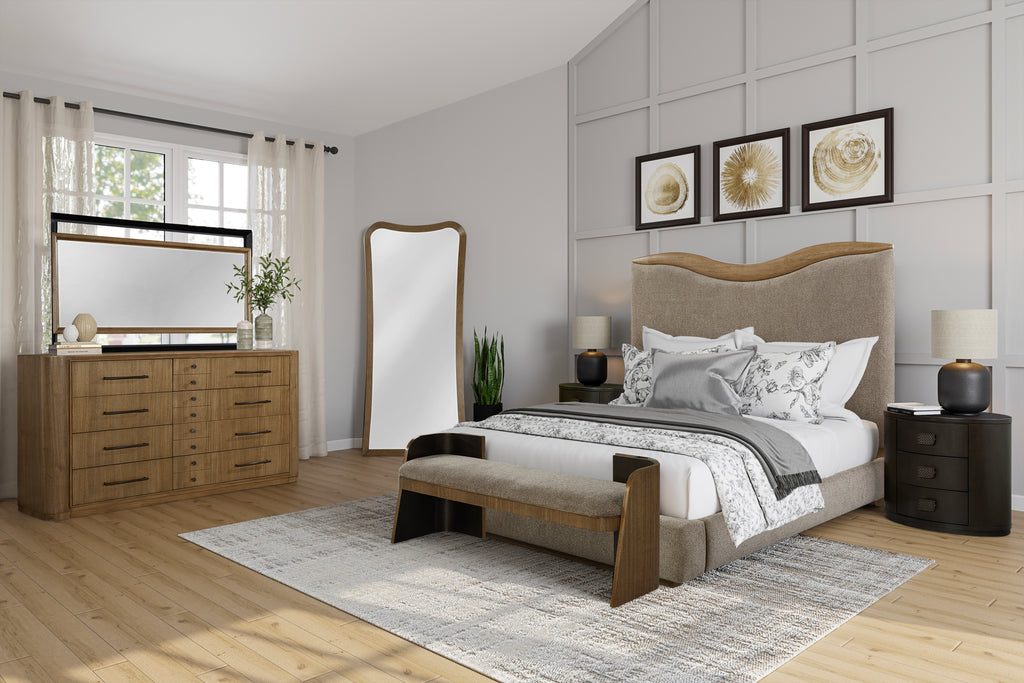 Stylish bedroom setup with upholstered queen bed with curved headboard, paired with wood dresser and bench for a contemporary aesthetic.