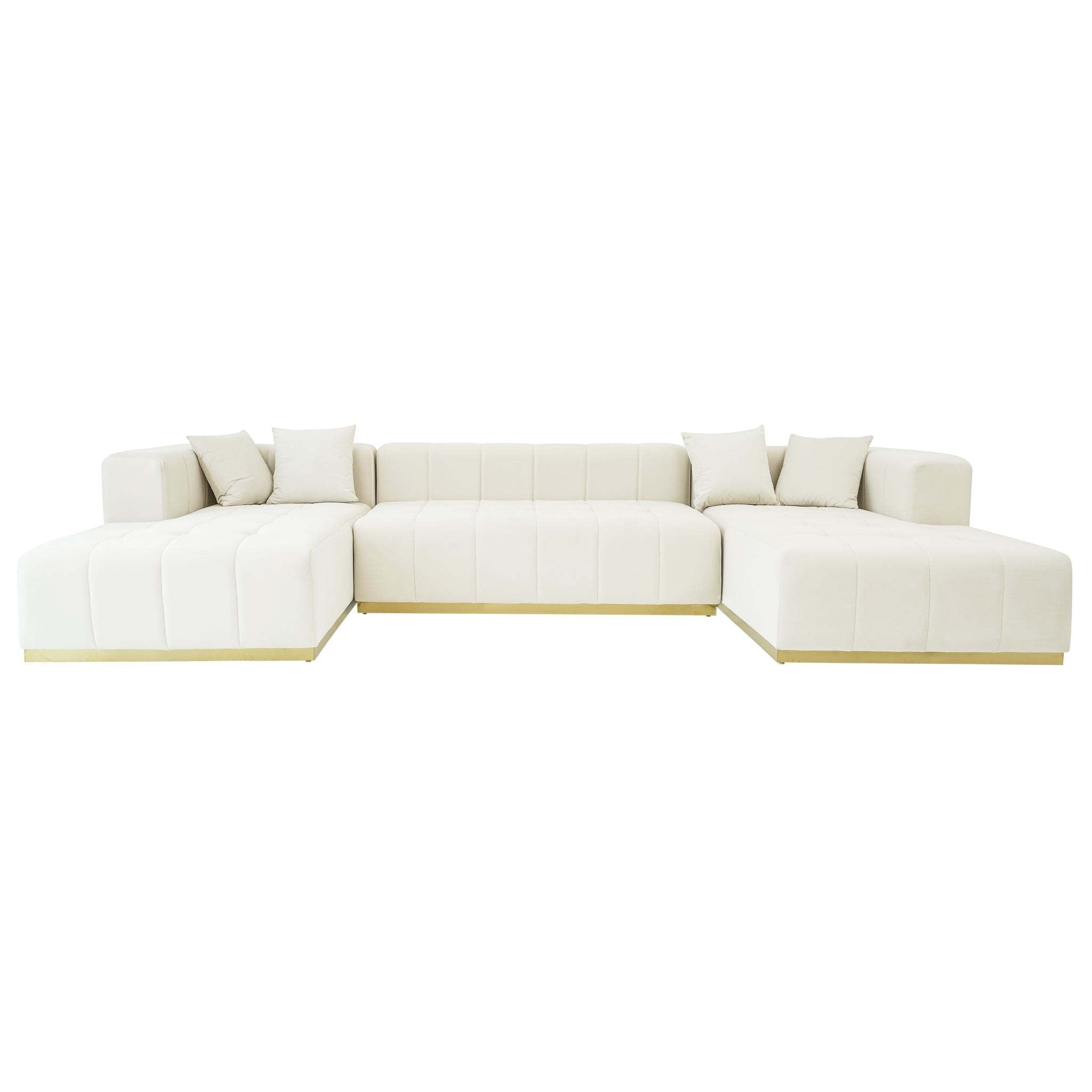 Cream velvet U-shaped sectional sofa with channel-tufted detailing and a modern gold-toned base.