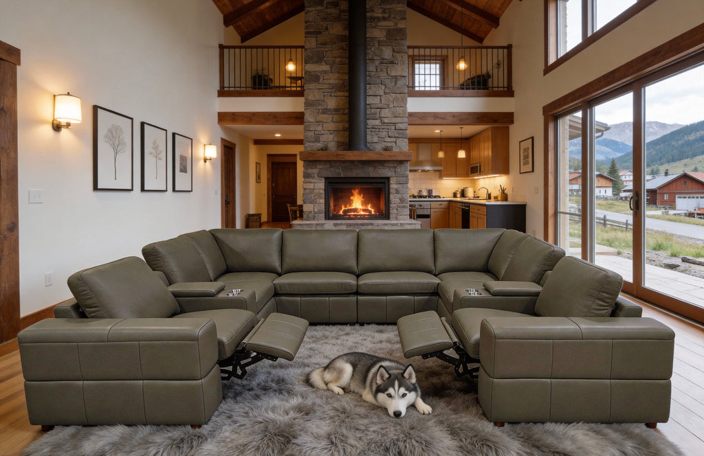 Olive Green Leather Match 8-Seater Sectional with Dual Recliners