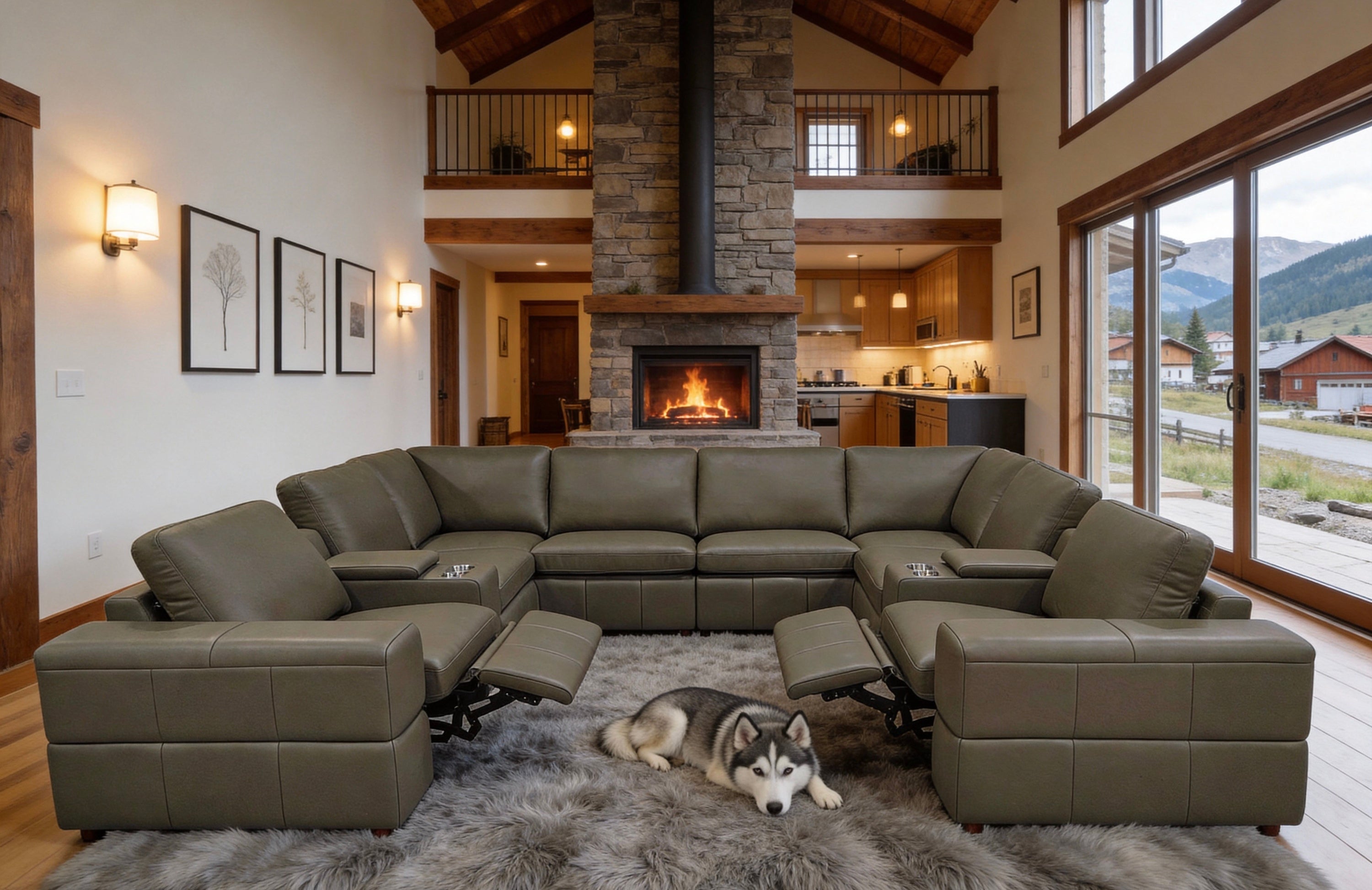 Olive Green Leather Match 8-Seater Sectional with Dual Recliners