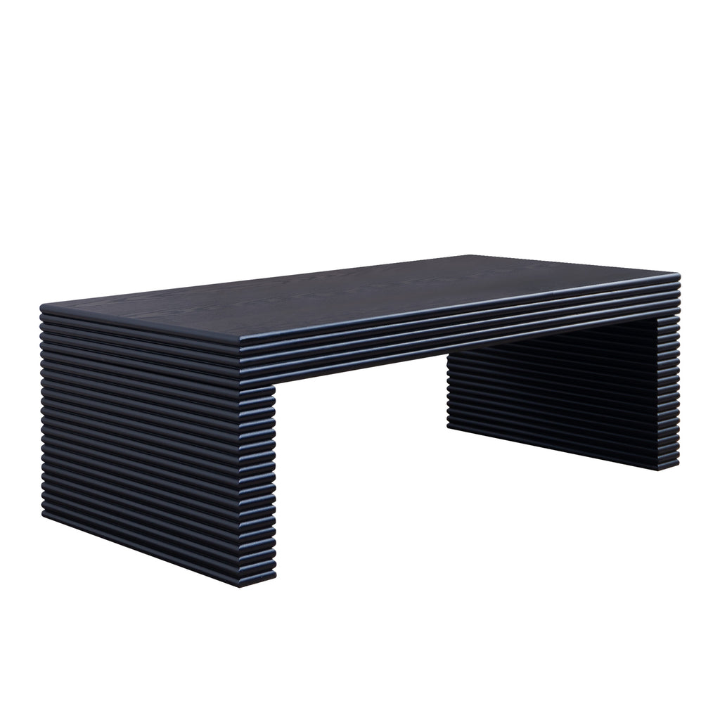 47.6 modern black ribbed coffee table with rectangular low profile design, made of engineered wood for contemporary living rooms.