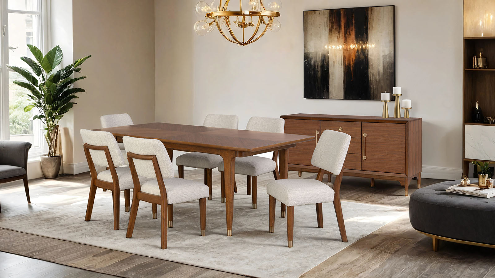 Modern dining room with 2pc Side Chair - Mid-Century Modern | Walnut, Gold-Leg set around a walnut table, creating a cohesive and elegant decor.