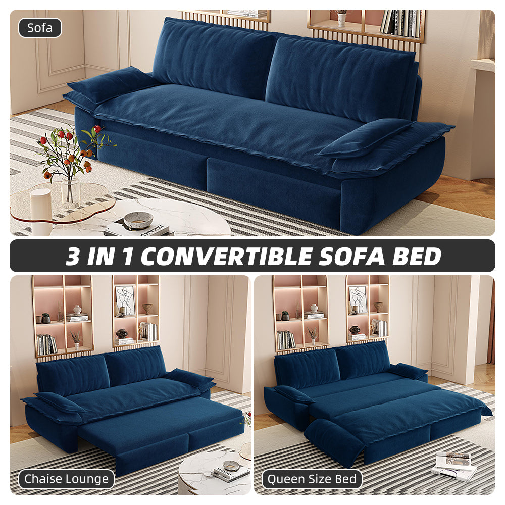 73.2' Queen Pull Out Sofa Bed,3-in-1 Convertible Sleeper Sofa,Multi-Functional Velvet Loveseat Bed,Blue(Old Sku:W1885S00124)
