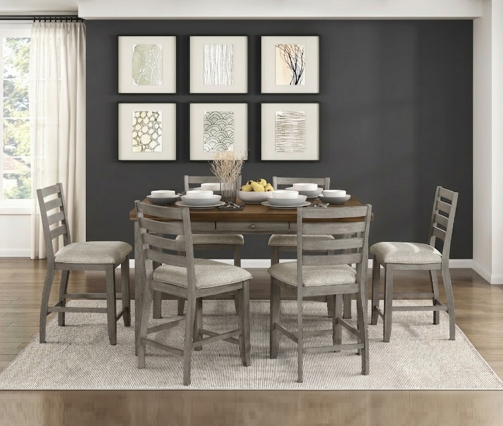 Seven-piece traditional counter-height dining set in two-tone gray and cherry, featuring storage drawers and fabric seats.