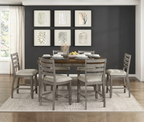 Seven-piece traditional counter-height dining set in two-tone gray and cherry, featuring storage drawers and fabric seats.