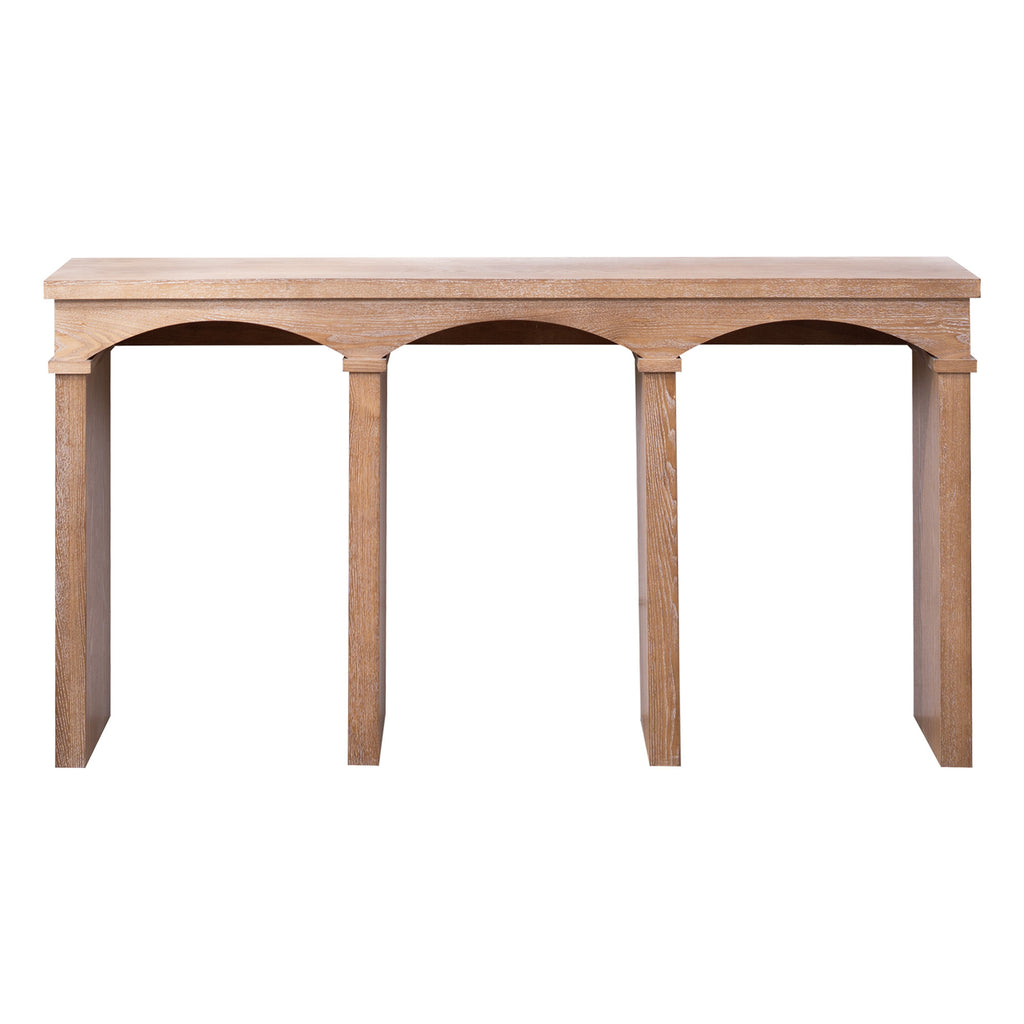 Front view of Rustic Archway Console Table featuring three arched legs and a smooth natural wood finish.