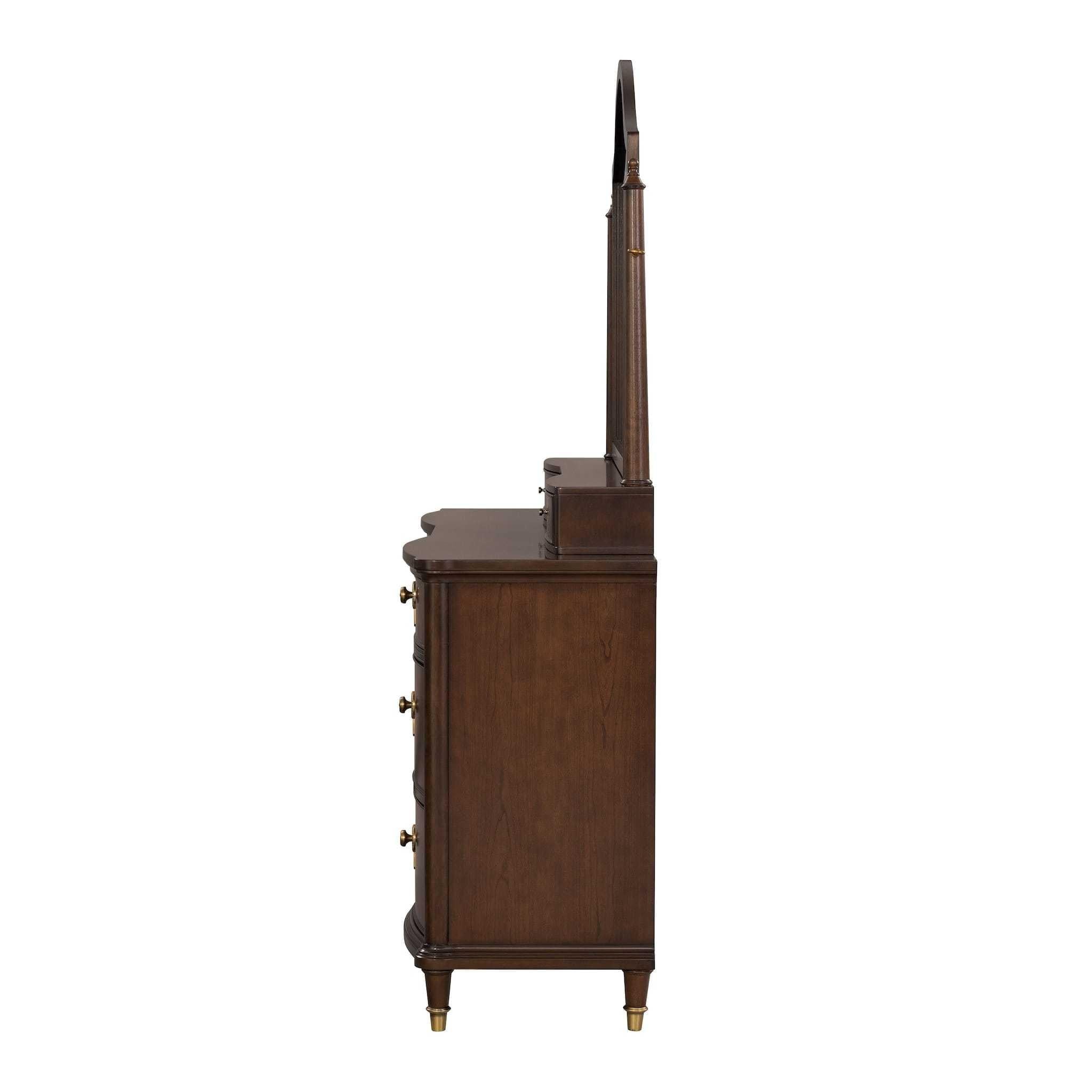 Transitional Dresser with Gold Capped Legs in Dark Cherry.