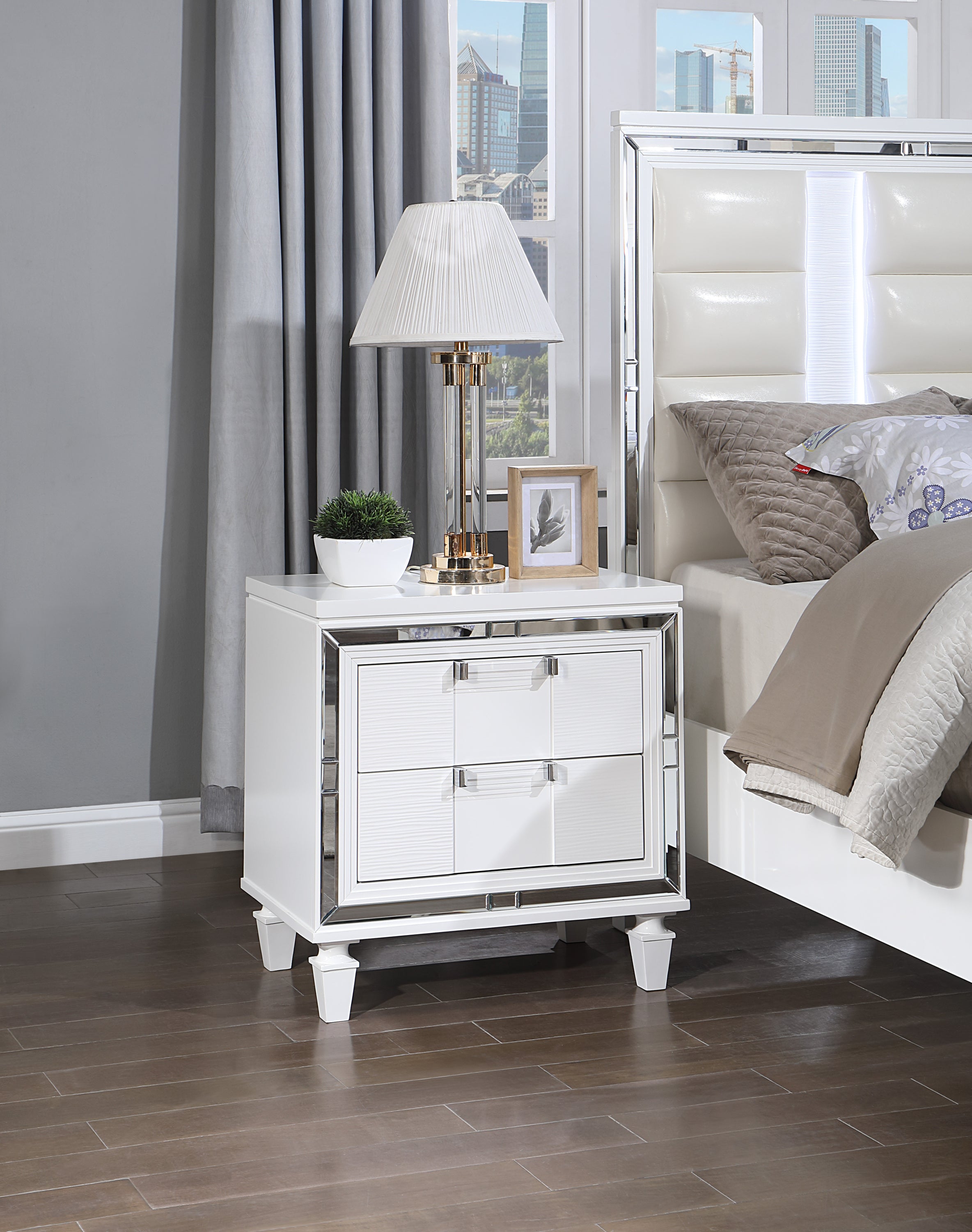 Genoa Sparkling White Embossed Wood Nightstand with Mirror Trim