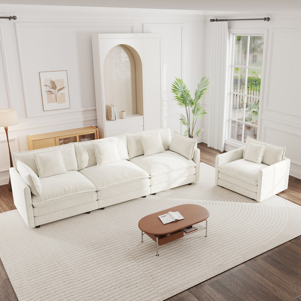 4-Seater Chenille Upholstered Sectional Sofa in Crisp White