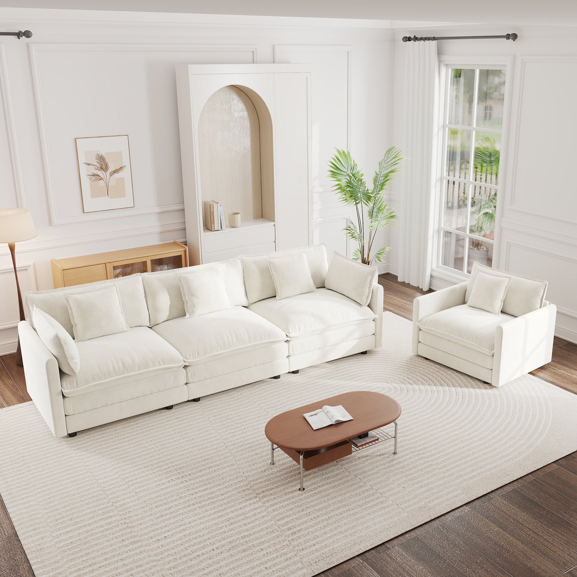 4-Seater Chenille Upholstered Sectional Sofa in Crisp White