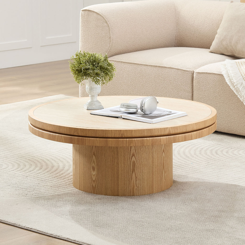 35-Inch Round Sintered Stone Coffee Table with MDF Pedestal Base