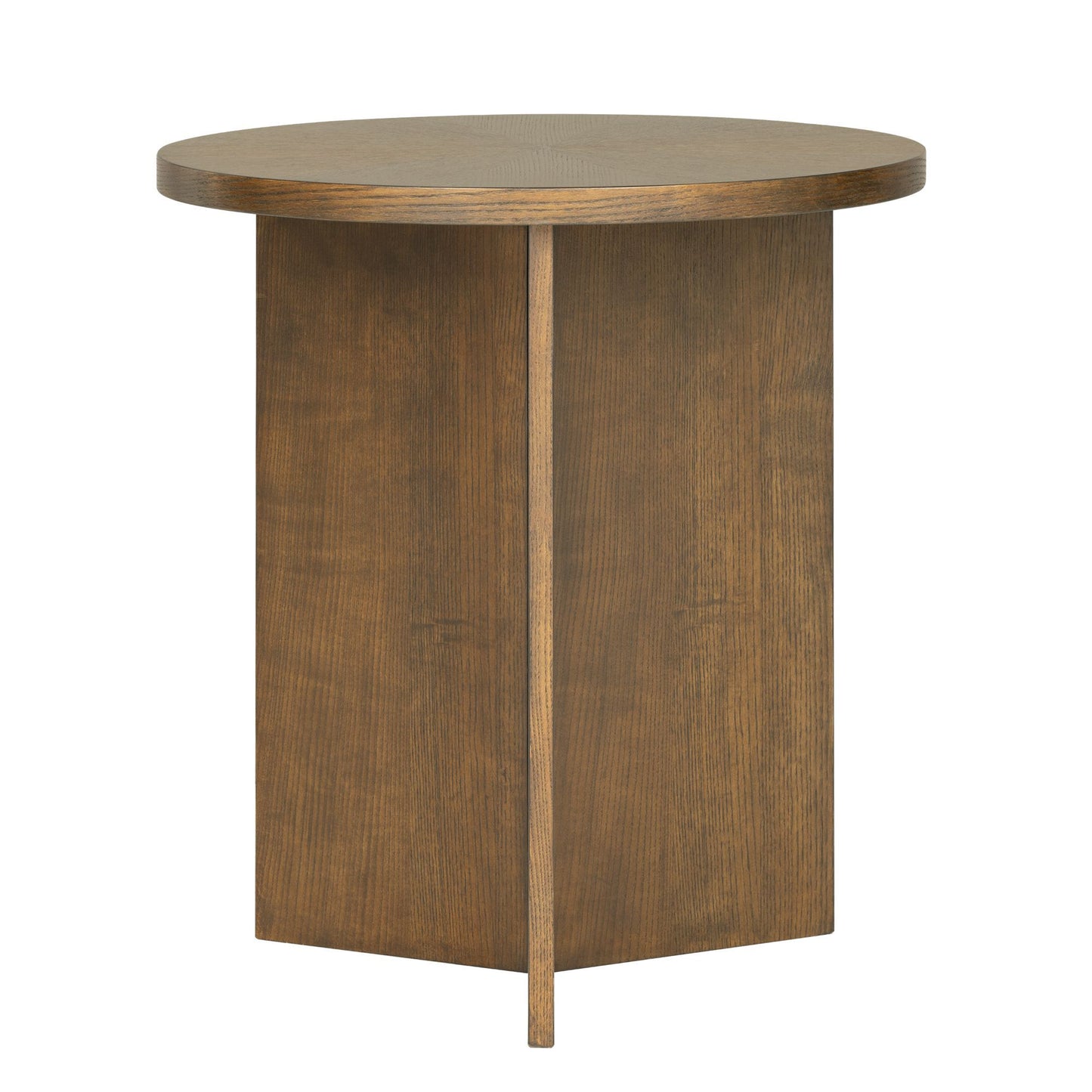 Angled view of the Sadie Walnut Brown Accent Table highlighting its geometric base and smooth walnut finish for modern interiors.