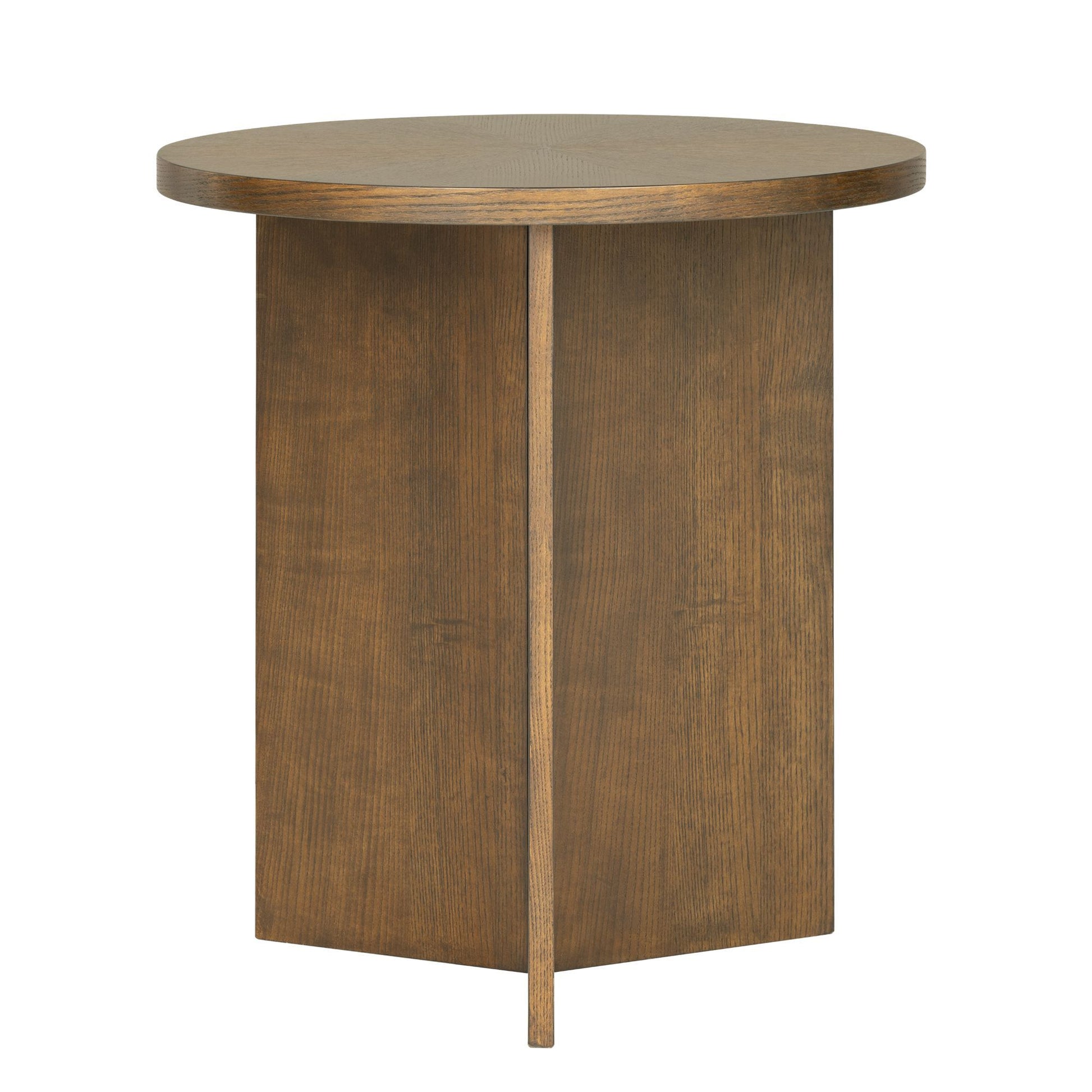 Angled view of the Sadie Walnut Brown Accent Table highlighting its geometric base and smooth walnut finish for modern interiors.