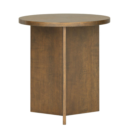 Angled view of the Sadie Walnut Brown Accent Table highlighting its geometric base and smooth walnut finish for modern interiors.