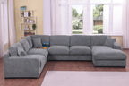 Modern light gray chenille sectional with chaise and built-in charging ports. Spacious 5-seater sofa ideal for contemporary living rooms.