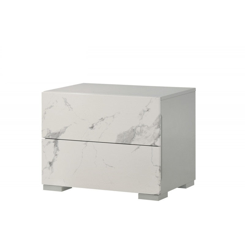 Modern 2-Drawer White and Gray Lacquer Nightstand with Marble Finish