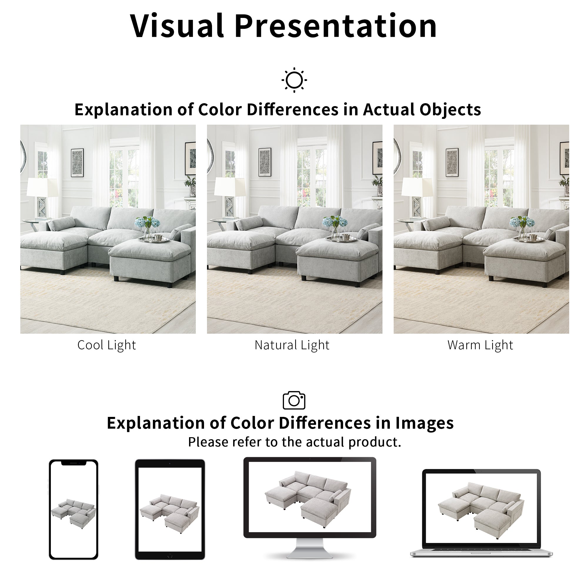 Chenille Modular Sofa - U-Shaped Couch with Storage shown under different lighting conditions to illustrate color variations in cool, natural, and warm light.