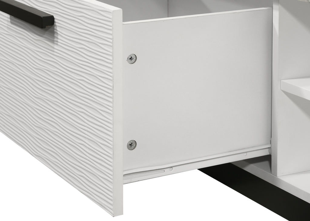 Close-up of Matilda 47' Coffee Table drawer with textured white front and black handle, highlighting storage functionality and design.