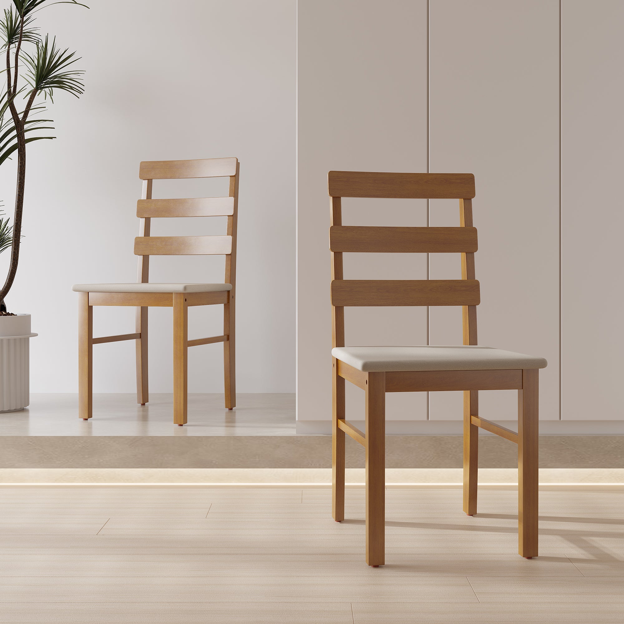 Two solid wood dining chairs with cushioned seats in a minimalist room. Features ladder backrest and sturdy frame.