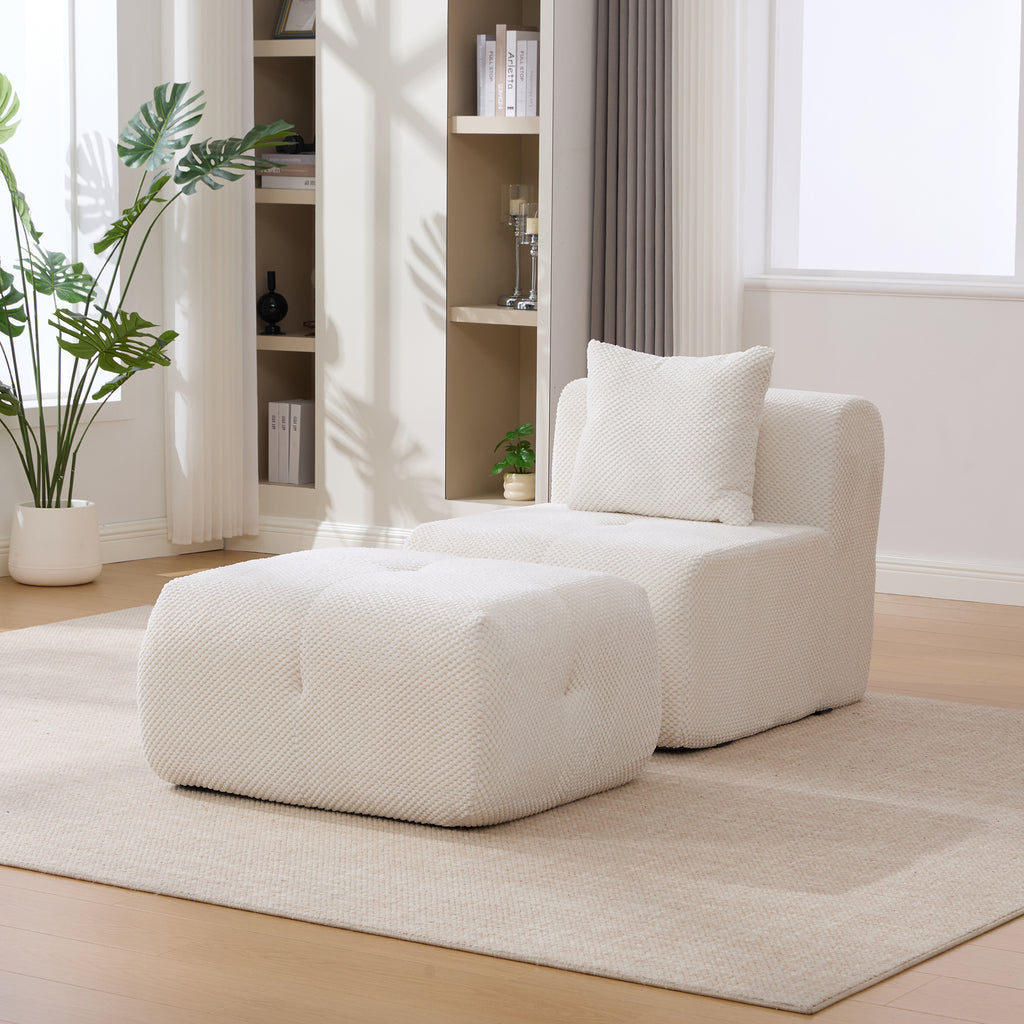 31' Modular Cloud Armless Accent Chair with Ottoman Set, Modern Boneless Deep Seat Single Sofa Soft Lounger with Footstool Throw Pillow for Living Room, Bedroom, Dorms, No Assembly Required, Ivory