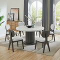 Valencia Dining Set - 7-Piece Marble set in modern dining room with round faux marble table and 6 gray fabric chairs. Seats 6 comfortably.
