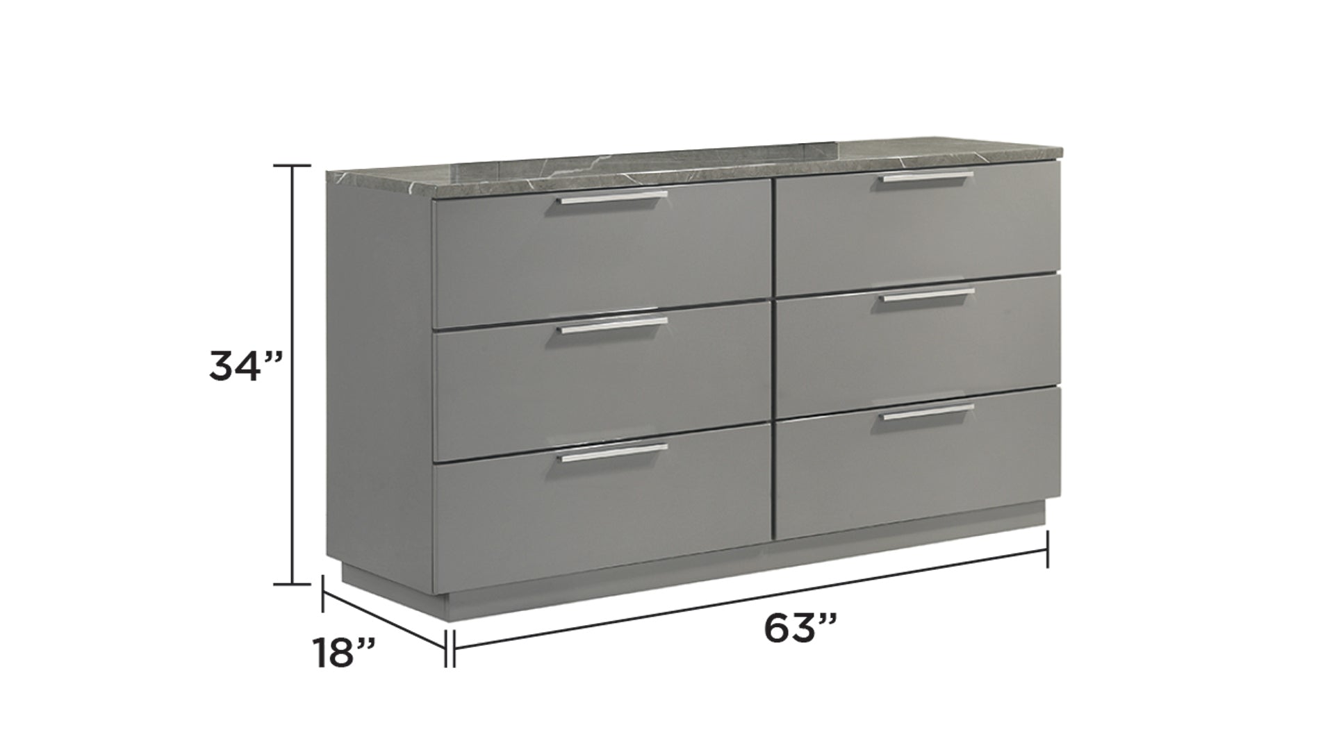 Elara Dresser Two-Tone - Modern, Spacious Drawers with dimensions 63x18x34 inches. Contemporary design with ample storage and chrome handles.