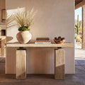 Solid reclaimed elm plinth console table in light natural brown with a rustic, minimalist design and chunky block legs.