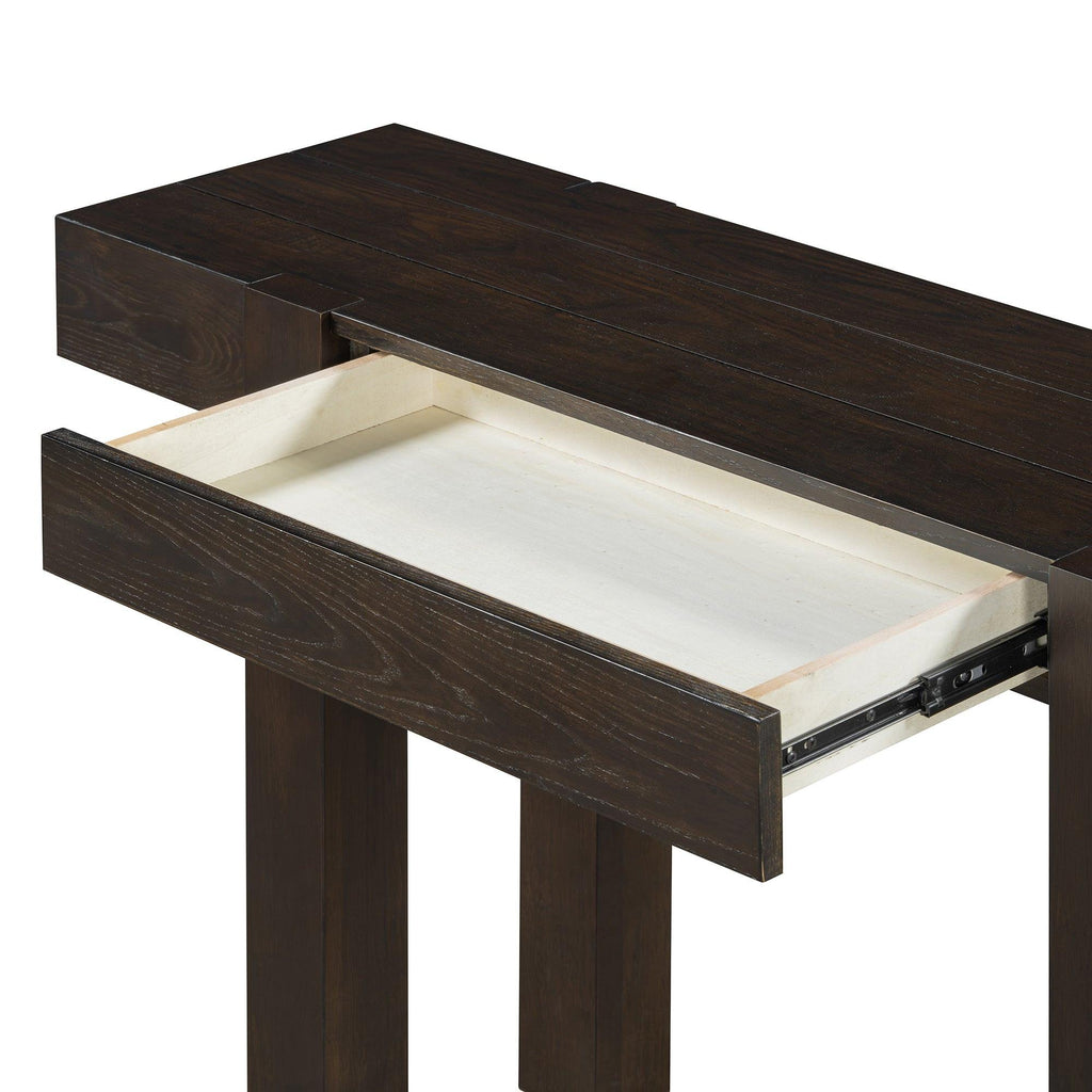 Rustic Console Table - Power Outlet | Solid Wood, Minimalist with open hidden drawer, showing interior storage space and craftsmanship.