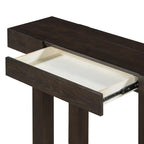 Rustic Console Table - Power Outlet | Solid Wood, Minimalist with open hidden drawer, showing interior storage space and craftsmanship.