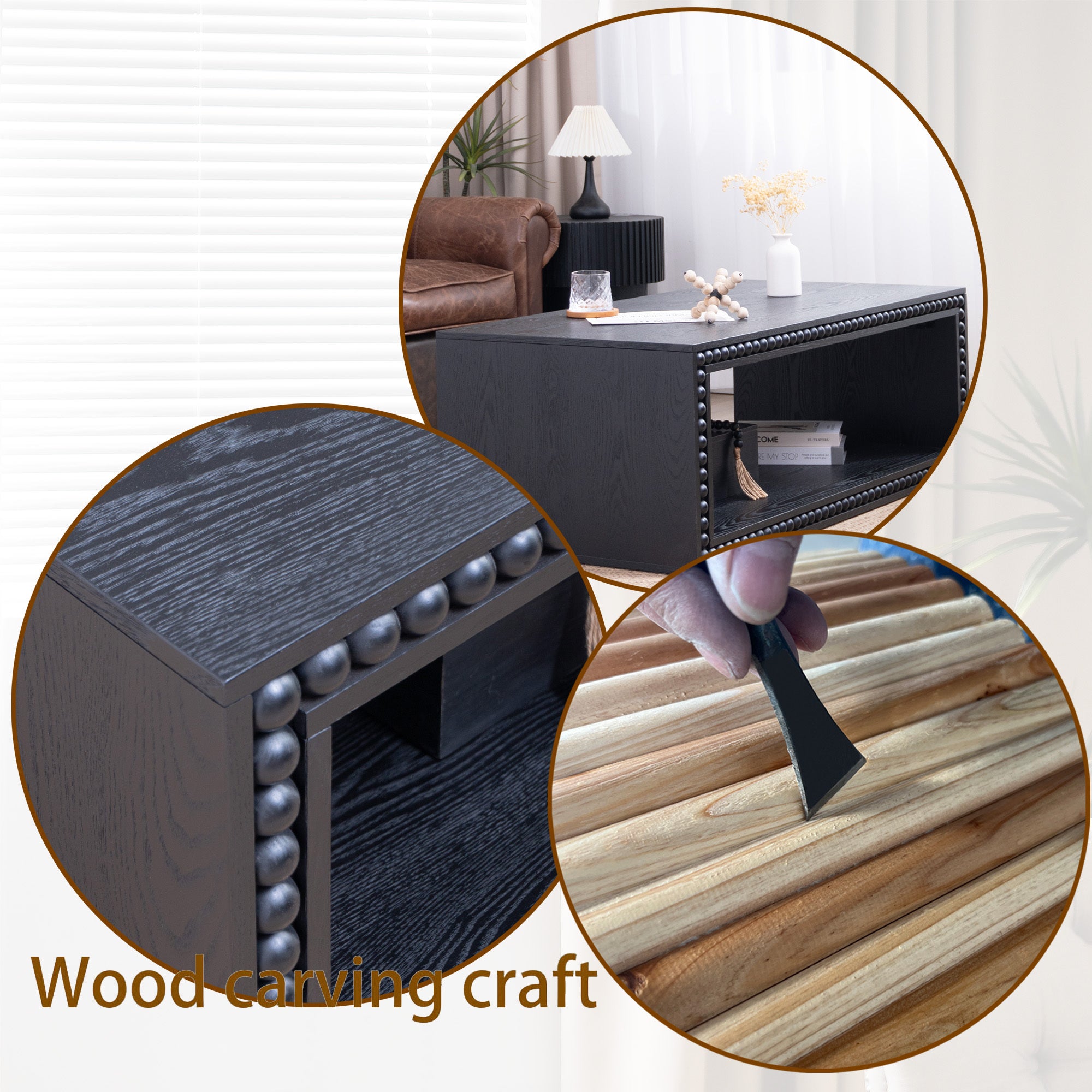 Craftsmanship of Black Beaded Coffee Table shown with wood carving process and finished product in a modern farmhouse setting.