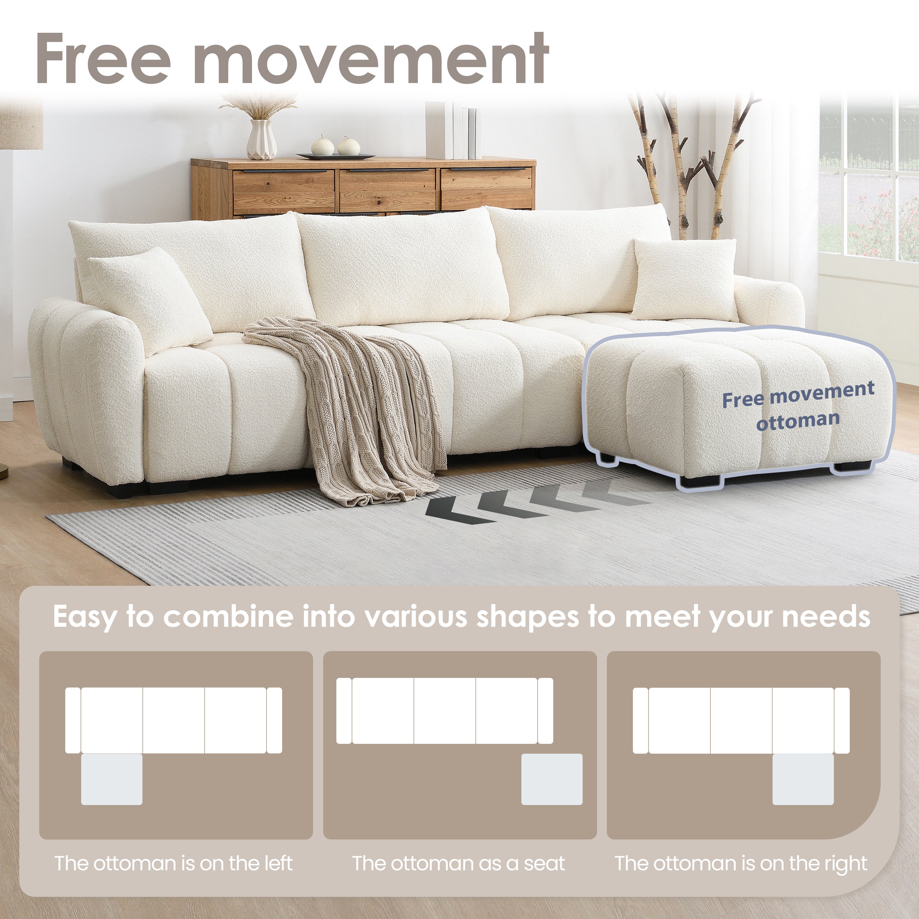 Modular sectional sofa with movable ottoman shown in three layout options for flexible seating arrangements in modern interiors.