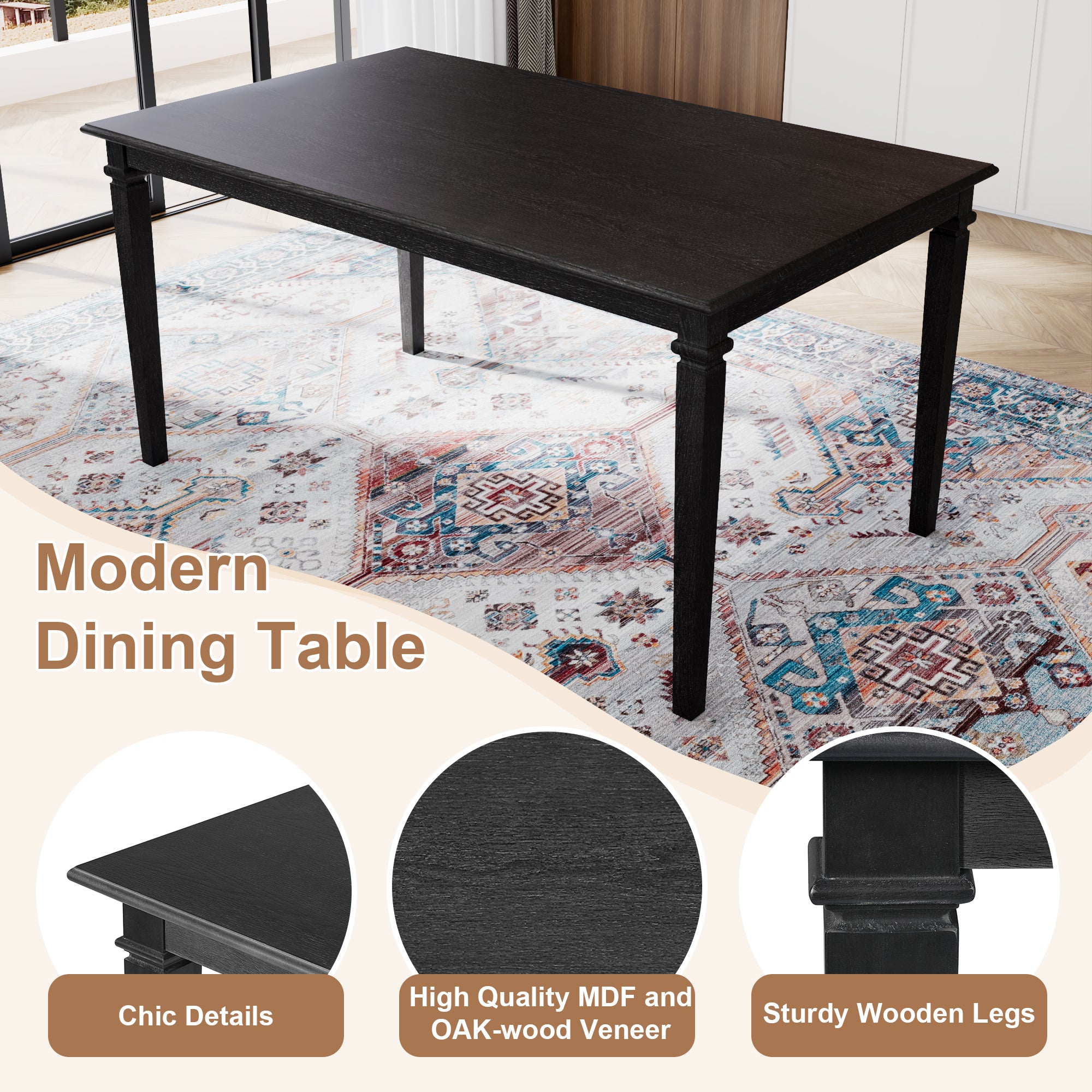 Close-up of modern dining table from 6-piece retro set showing chic details, oak veneer top, and sturdy wooden legs for durability and style.