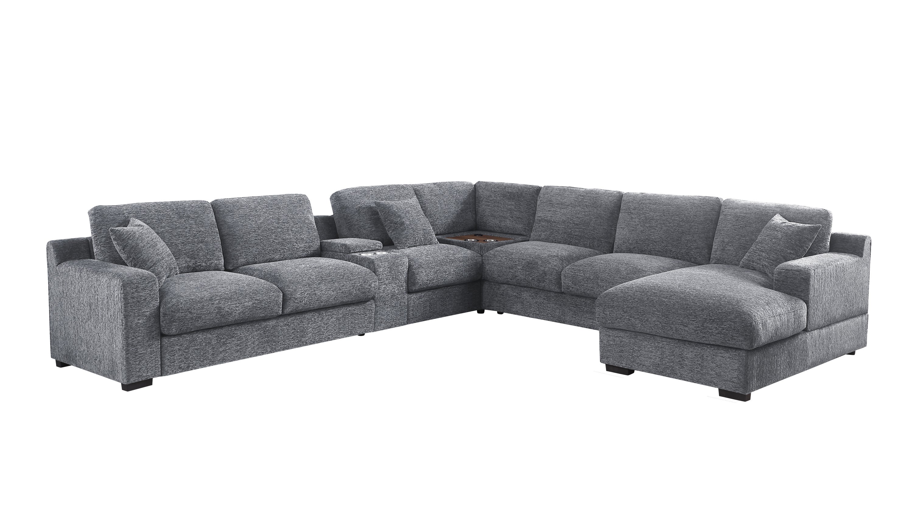 Light gray corner sectional sofa with chaise, cupholders, and built-in charging ports, ideal for contemporary home interiors.