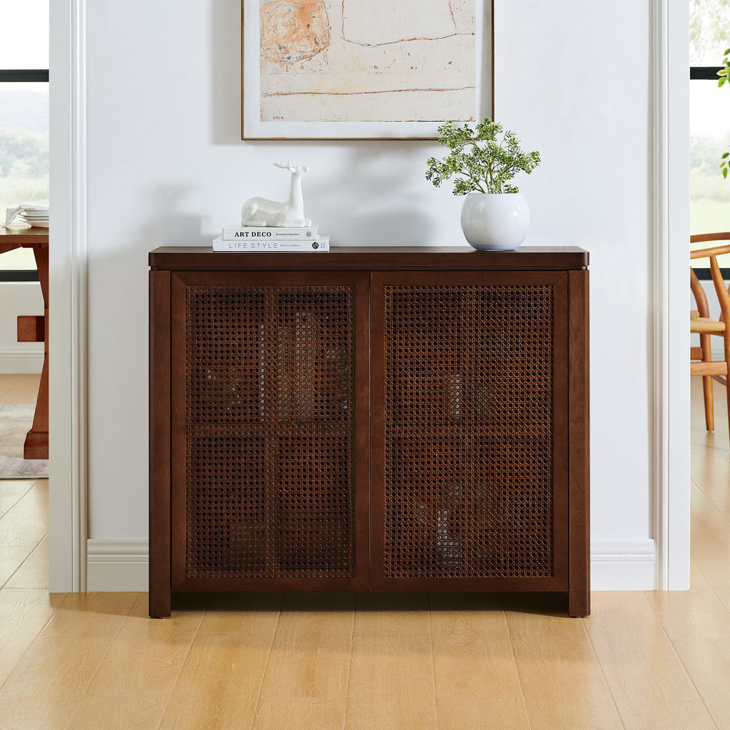 Walnut Mid Century Rattan Sideboard Cabinet with dual rattan doors, ideal for living room or hallway storage and decor display.