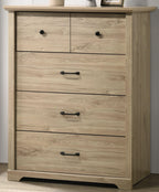 Elara 4-Drawer Light Oak Chest with Black Handles.