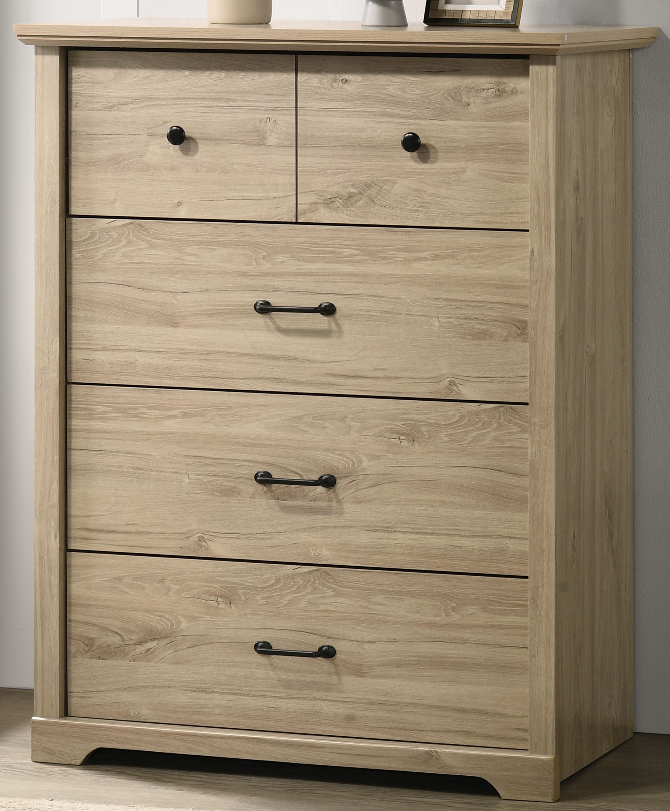 Elara Oak 4-Drawer Chest - Sleek Storage Solution featuring light oak finish and black metal handles for contemporary bedroom storage.