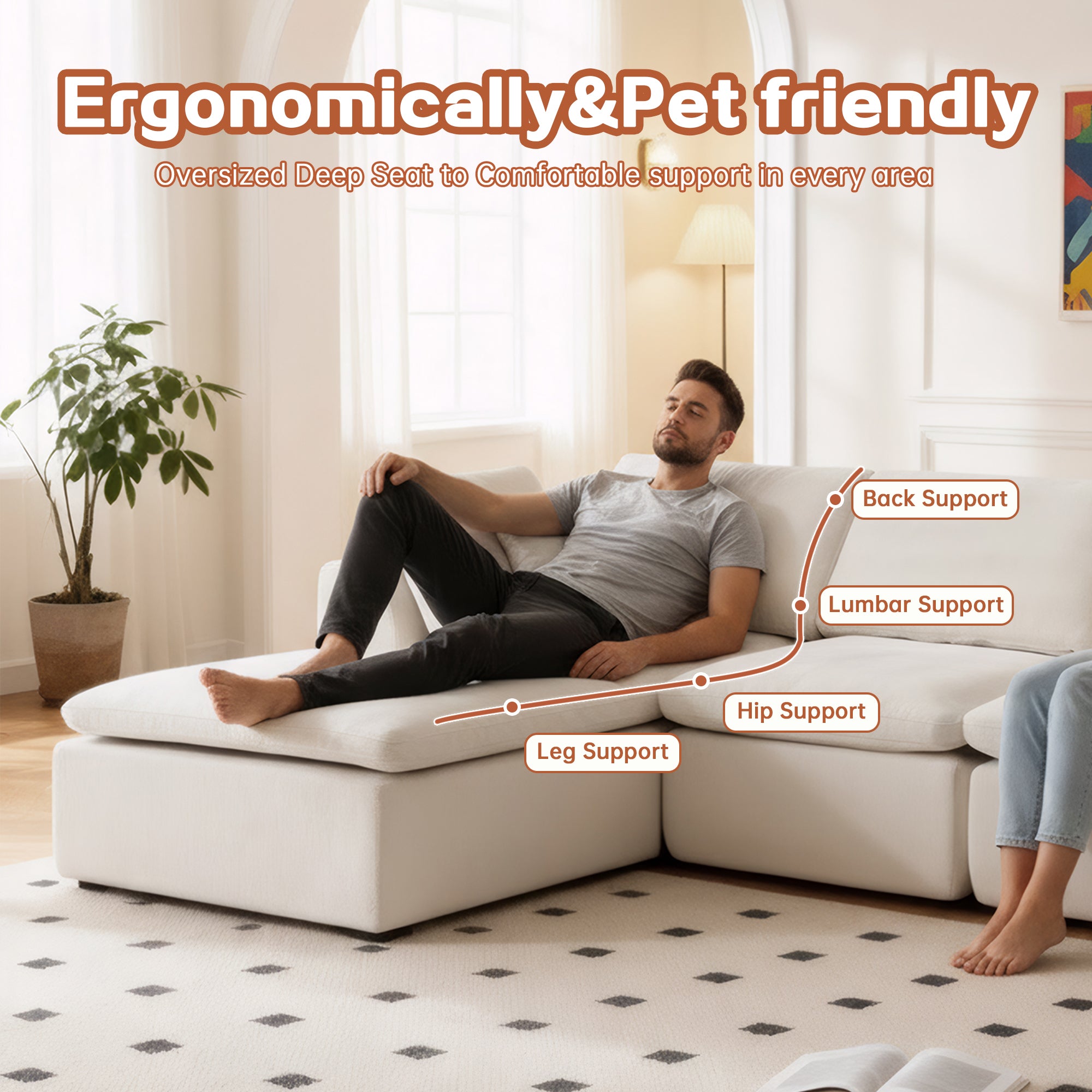 L-Shaped Sectional Sofa - Modern Corduroy Couch with ergonomic design labeled for back, hip, and leg support, ideal for comfort and pets.