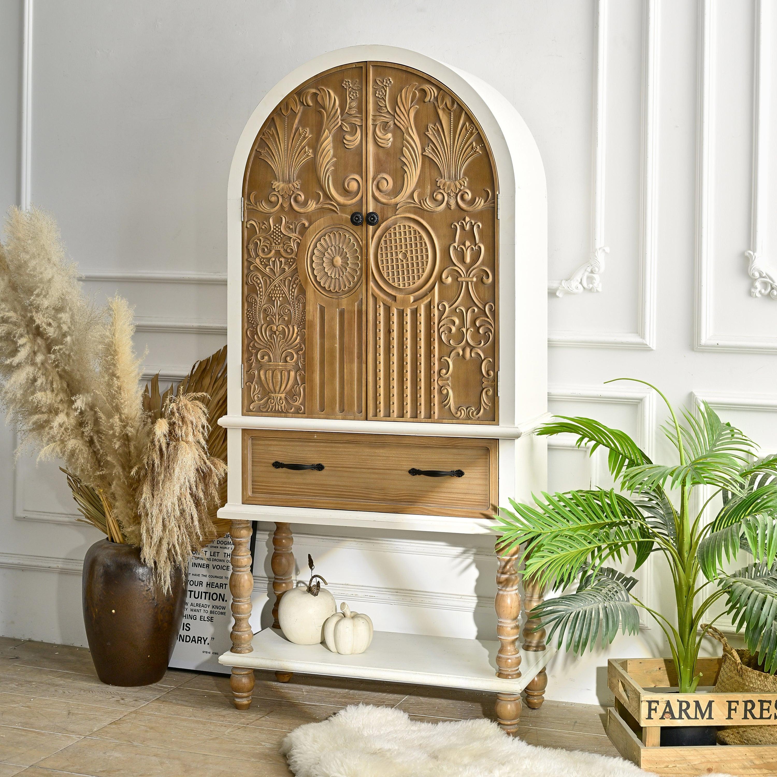 Arched Flower Carved Door Cabinet - Elegant Wooden Sideboard.