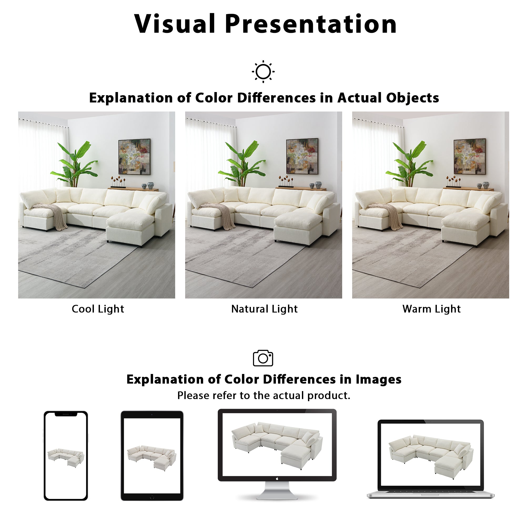 Visual comparison of 130' Modular Sofa Bed under cool, natural, and warm lighting to show color variations in different environments.