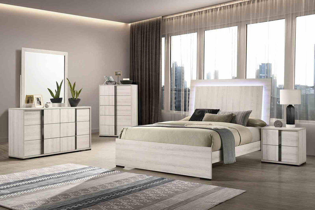 Contemporary Nightstand with Drawers in White Wash Finish.