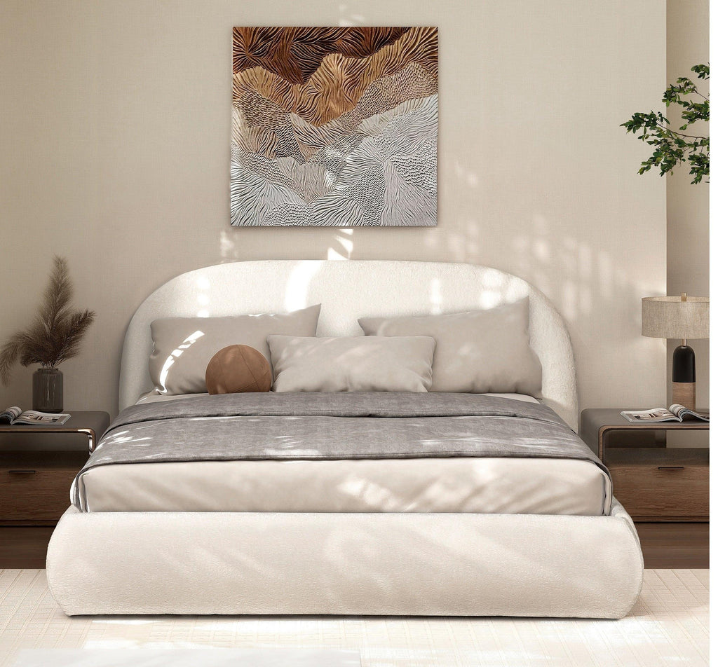 Archie Puffy Upholstered Platform Bed, Queen, Almond White.