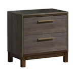 Contemporary antique gray nightstand with two drawers, wood-grain texture, and modern gold hardware on sturdy legs.