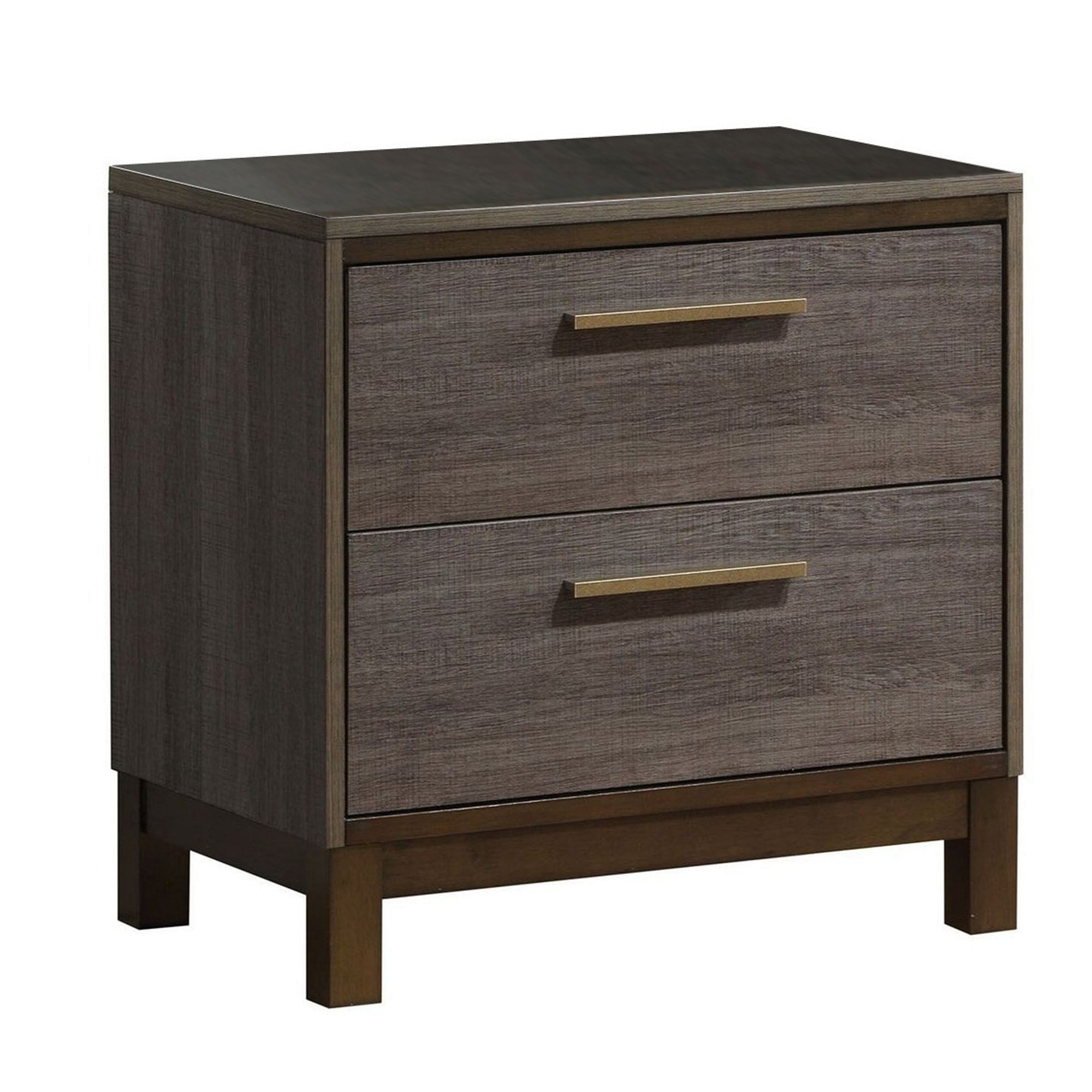 Contemporary antique gray nightstand with two drawers, wood-grain texture, and modern gold hardware on sturdy legs.