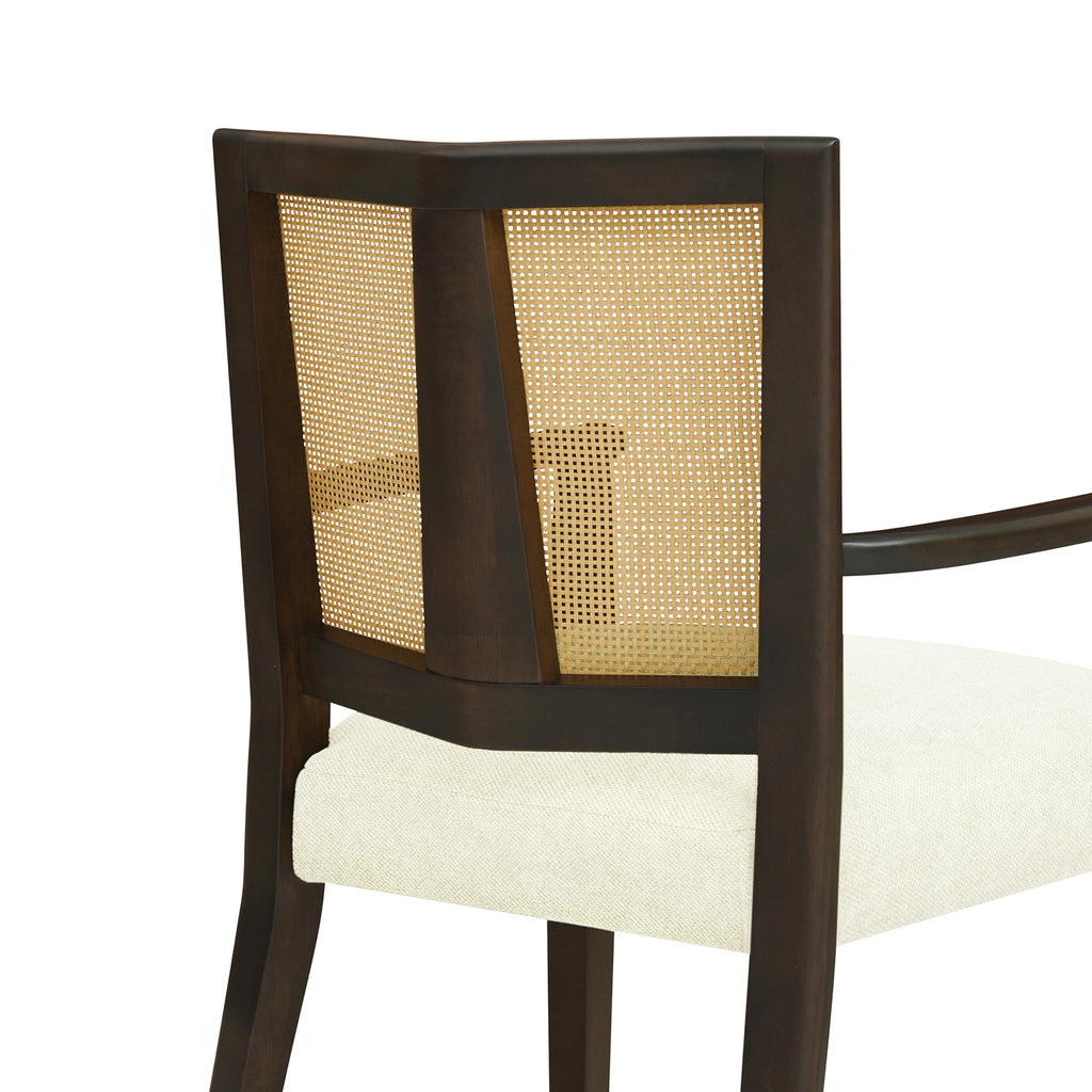 Detail of rattan panel and wood frame on Mid Century Dining Chair Set, emphasizing quality materials and design.