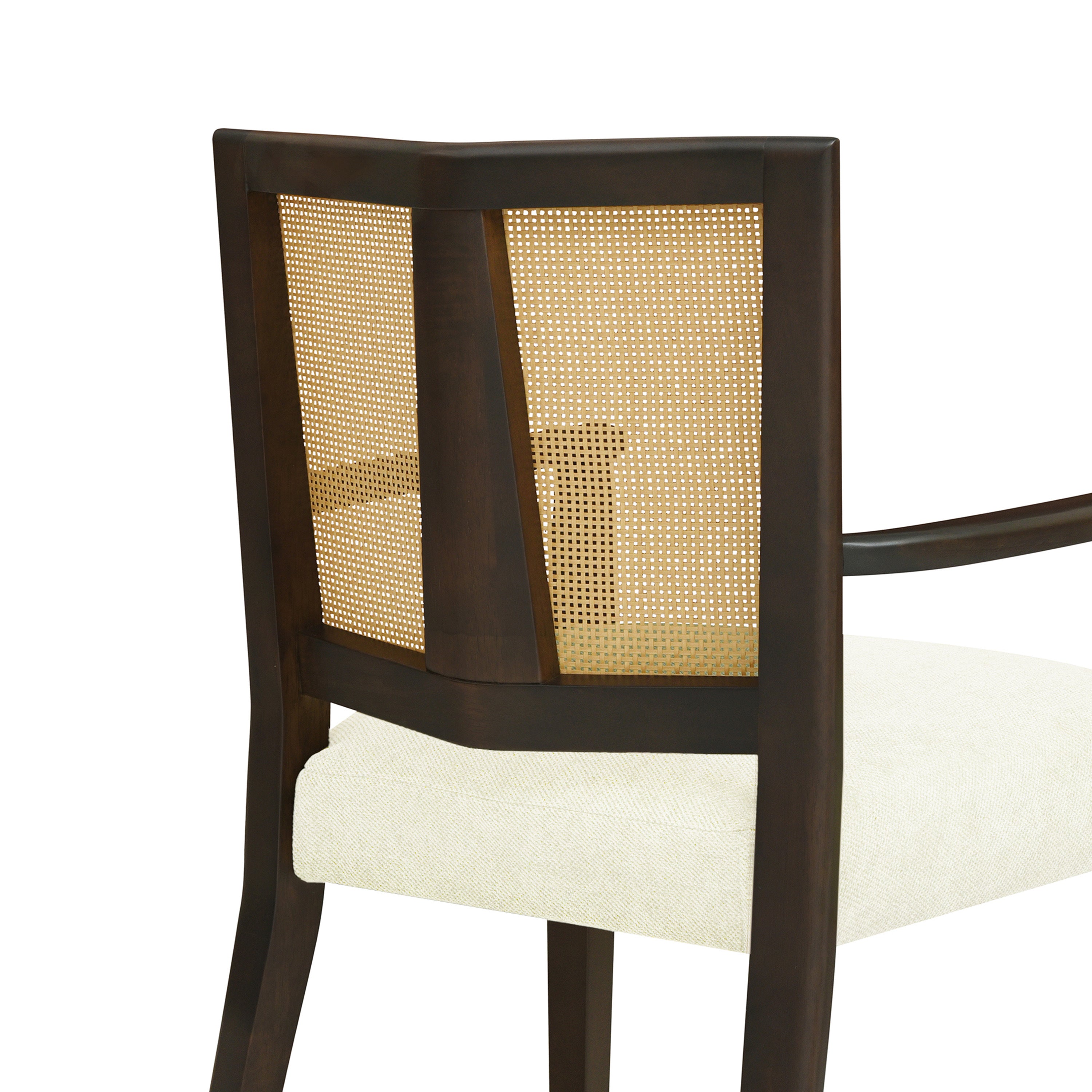 Detail of rattan panel and wood frame on Mid Century Dining Chair Set, emphasizing quality materials and design.