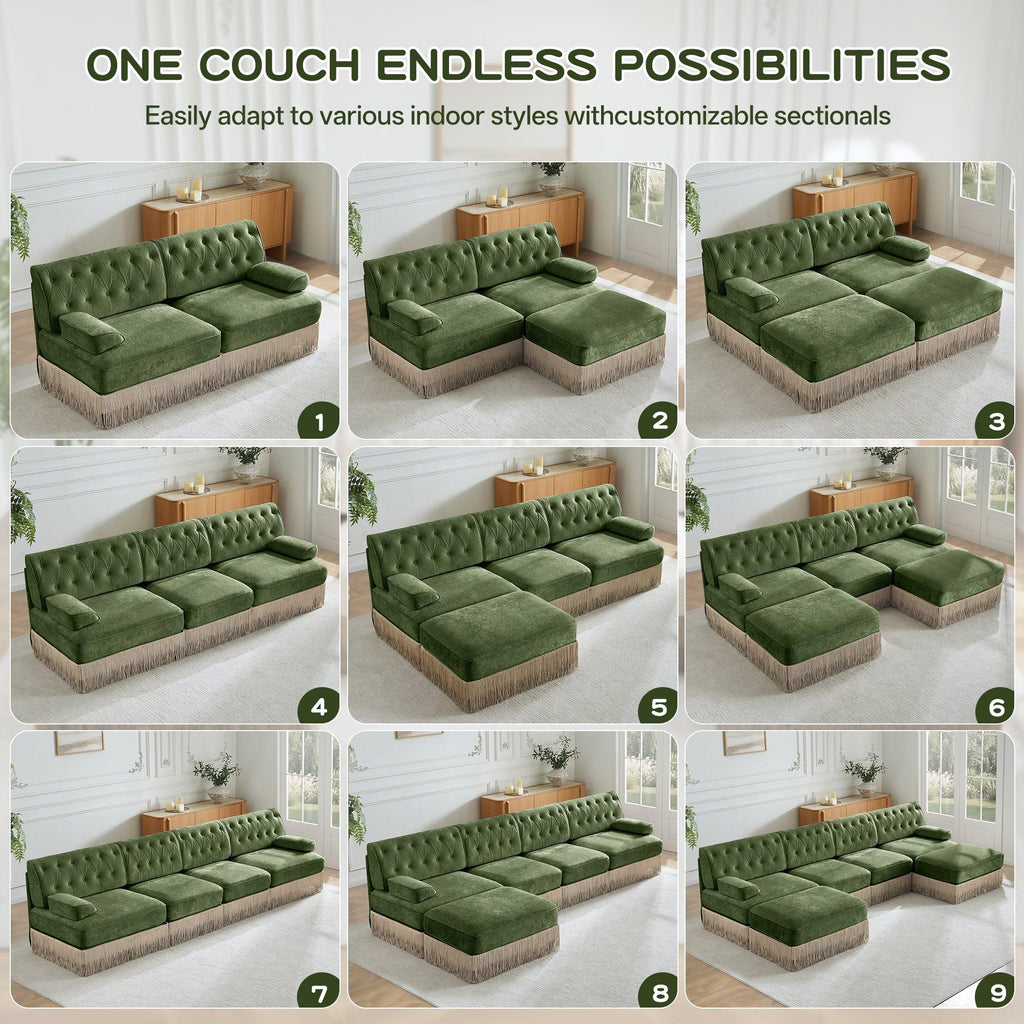 Modular Velvet Chesterfield Sofa with Tassel Skirt.