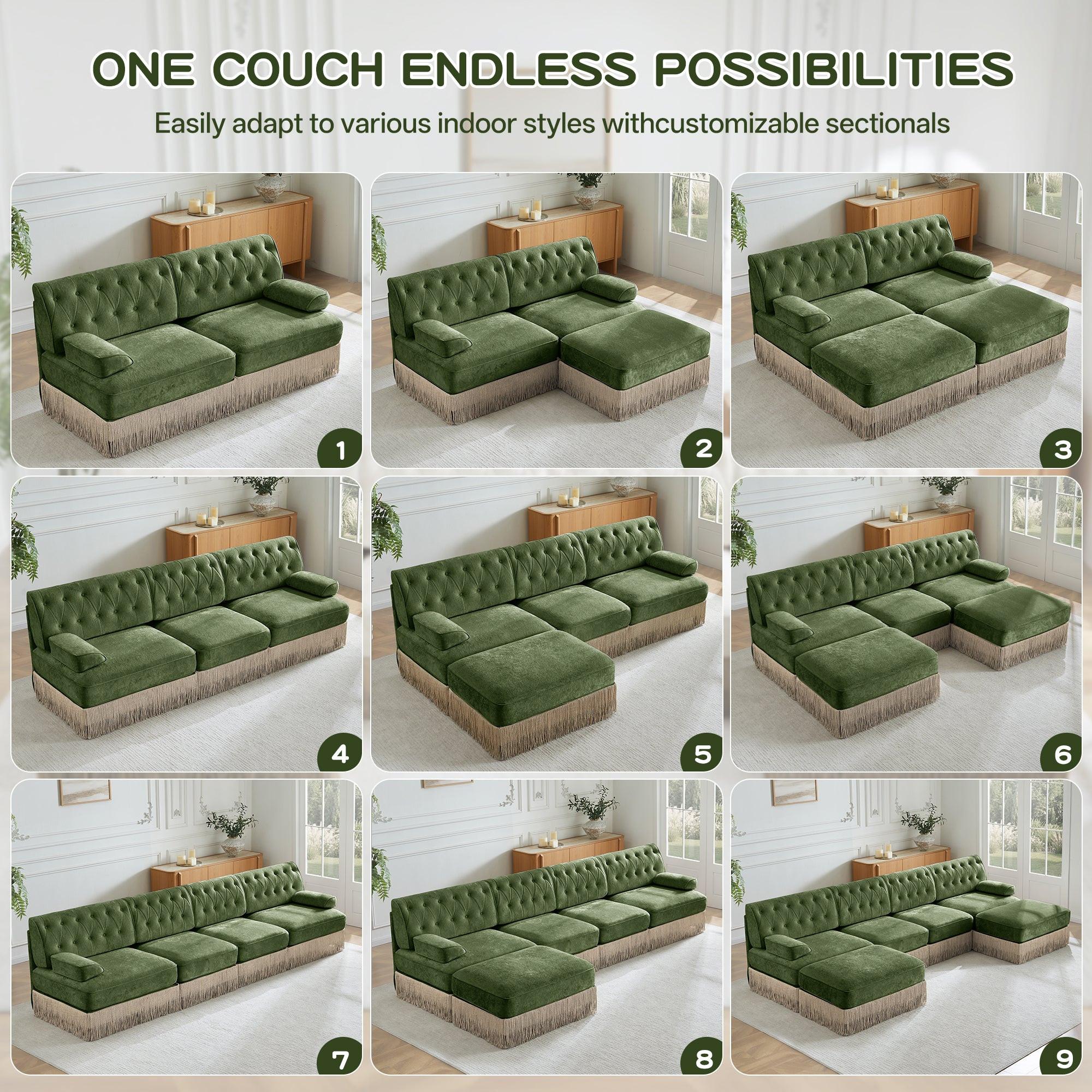Modular Velvet Chesterfield Sofa with Tassel Skirt.
