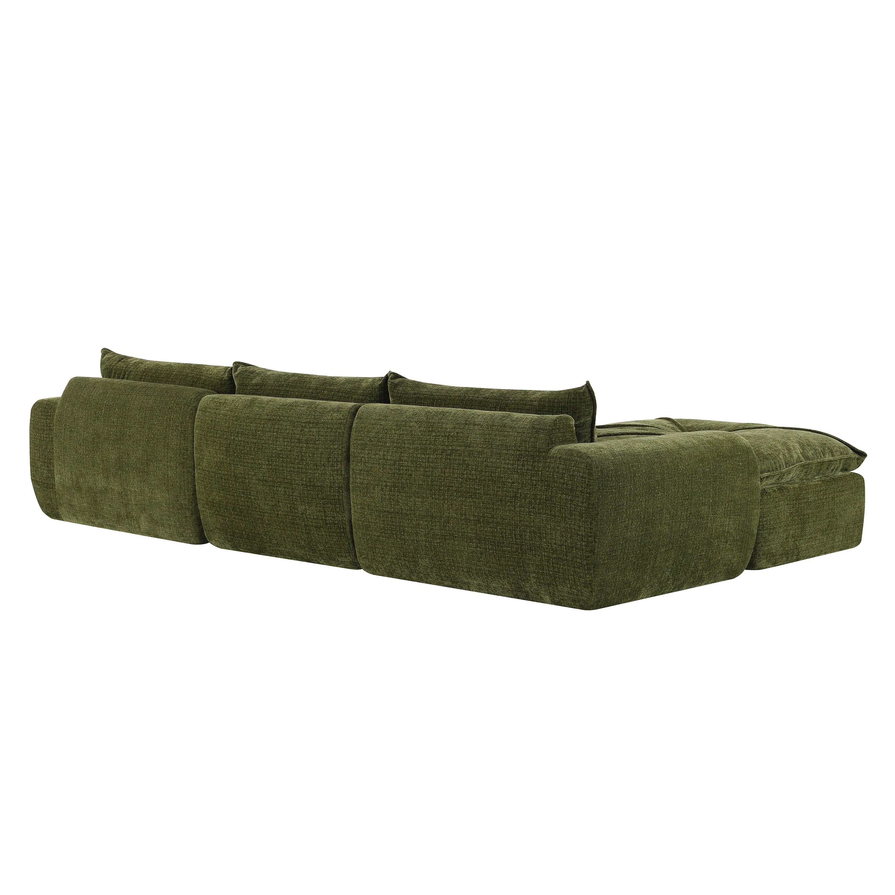 Back angle of 116'' compressed sofa in green, highlighting its modular structure and soft, textured upholstery for modern interiors.