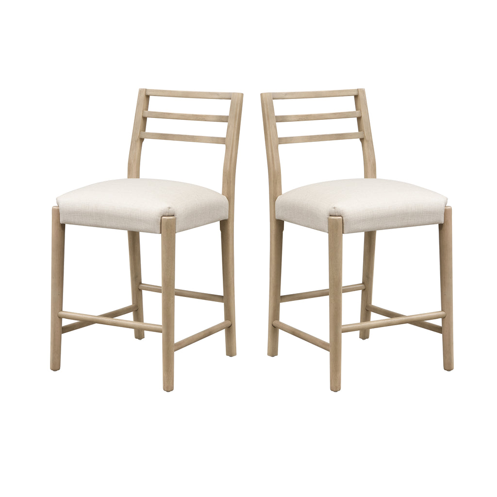 Counter Stool Set of 2 with ladder back design and cushioned seats in light wood finish. Ideal for farmhouse-style dining or kitchen counters.